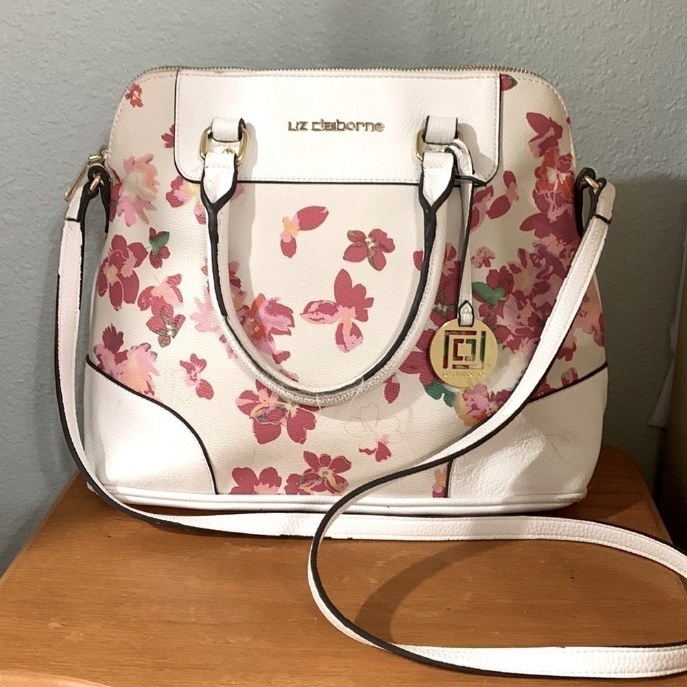 Liz, Claiborne, floral and white satchel